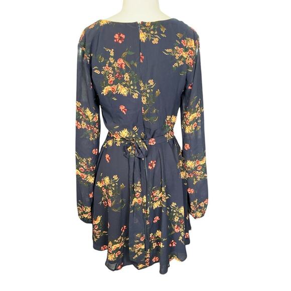 LULUS Floral Print Midi Dress Long Sheer Sleeves Zip Back Size Small Navy Blue - Picture 3 of 12